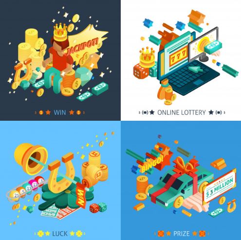 Neljä piirrettyä kuvaa, joissa esiintyy auto, läppäri ja hevosenkenkä